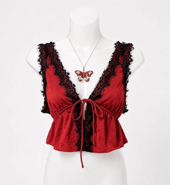 Rumored Tops - Rumored Red Satin Lace Trim Tie Front Cami Top Womens XS Peplum Y2K Coquette
